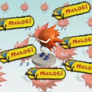 Puede incluir: Figurita de personaje naranja y rojo con pinchos y zapatos azules de pie sobre una base blanca. El fondo es un cielo azul con formas puntiagudas rojas y amarillas con el texto "PROUKO-GI" en ellas.