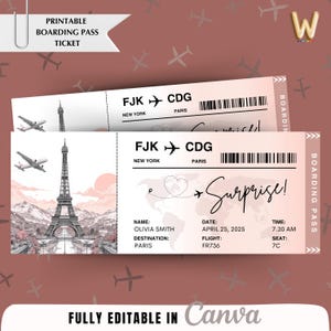 Bearbeitbares Flugticket, Bordkarte Überraschungsreise, benutzerdefiniertes Flugticket, Geburtstagsflugzeugticket druckbar, personalisiertes Flugticket