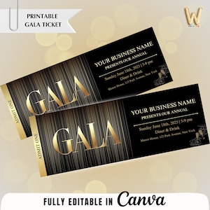 Goldene Gala Ticket Vorlage, geben Sie einen druckbaren digitalen Download, Schwarz-Gold-Einladung, Veranstaltungskarten, Gala-Karte, Event-Eintritt