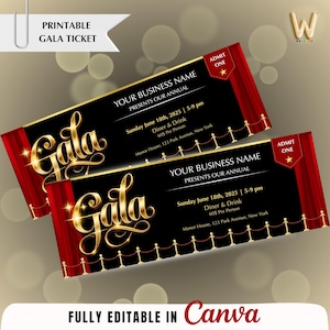 Goldene Gala Ticket Vorlage, geben Sie einen druckbaren digitalen Download, Schwarz-Gold-Einladung, Veranstaltungskarten, Gala-Karte, Event-Eintritt
