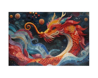 May include: A colorful mosaic artwork depicting a red dragon with a yellow horn, flying through a dark blue sky with white and yellow stars. The dragon's scales are made of small, colorful tiles.