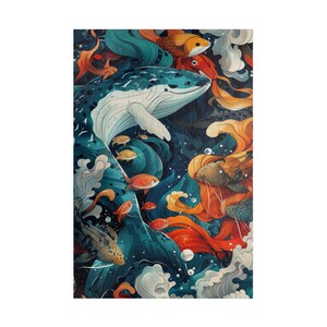 May include: A vibrant underwater scene with a blue whale swimming through a swirling current of orange, red, and yellow fish. The background is a deep blue with white waves.