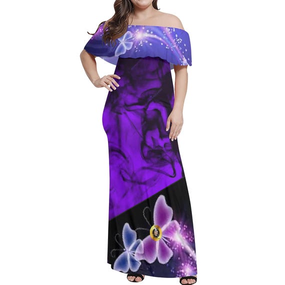 Butterfly Violet Maxi Dress: Off-Shoulder Boho Gown