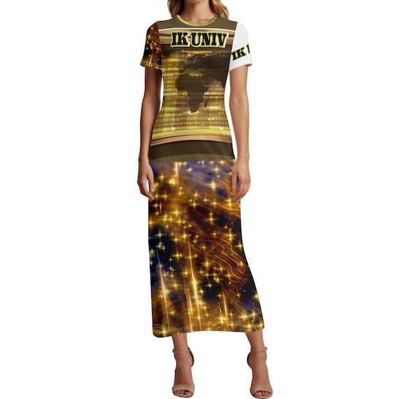 Women's IK Univ. Short Sleeve Dress Casual All Over Print Tshirt Long Dresses