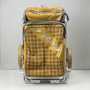 Vintage Ajay Riviera Deluxe Golf Cart, Collapsible, Removable Seat, 1960s, Golden Tan Leather, Midcentury Modern, MCM, Mad Men Era, Gift