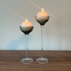 RARE Vintage Blown Glass Candle Holders, Set of 2, Smokey Grey Bowl with Clear Stem, Midcentury Modern Pedestal Votive Set, MCM Decor, Gift