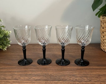 Vintage Art Deco Cordial Glasses by Arcoroc France, 2oz, Set of 4, 80s, Ribbed, Black Stem, Footed, Barware, Wedding Housewarming Gift