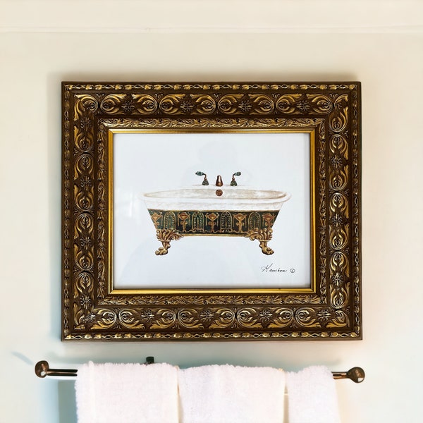 Vintage Victorian Bathtub Art, Consuelo Gamboa, Ornate Gold Wood Frame, Bathroom Wall Decor, Baroque, French Provincial, Cottagecore, Rustic