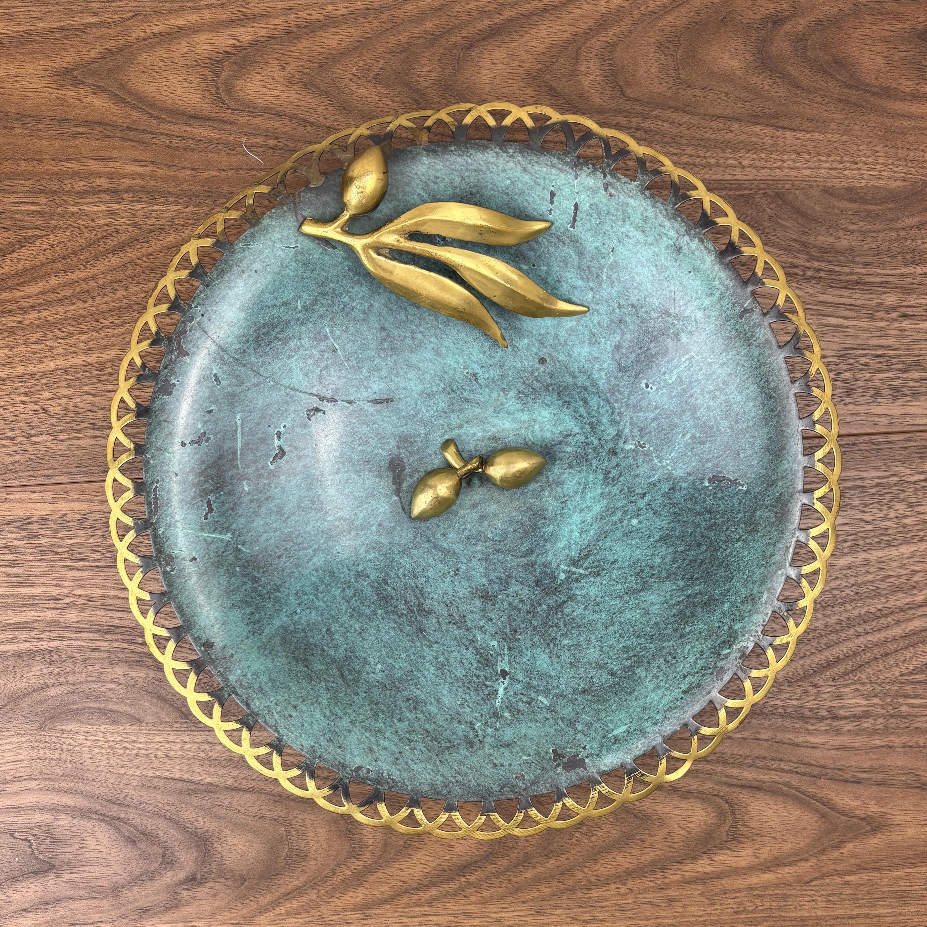 Vintage Decorative Compote Bowl by Oppenheim, Brass Olive Branch, Midcentury Israel, Turquoise Enameled Metalware, Bird Bath, Peace, Gift
