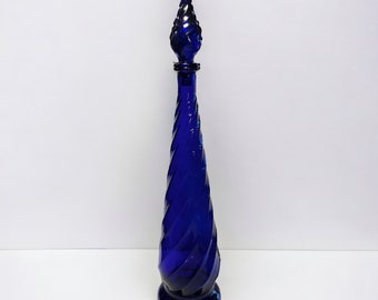 Vintage Empoli Genie Bottle Decanter, Cobalt Blue, 25”, Swirl Design, Original Stopper, Made in Italy, MCM Glass Art, Collectible, Gift