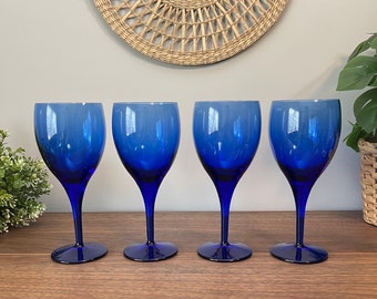 Vintage Cobalt Blue Wine Glasses, Teadrop, 10oz, 90s, Celestial Barware, Bold Glassware, Retro Drinkware, As Seen in Friends, Wedding Gift