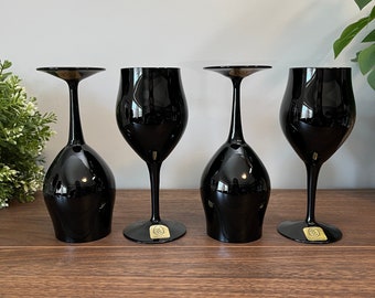 Vintage Black Crystal Wine Goblets, BKI West Germany, Set of 4, Midcentury Modern, MCM, Boho, Classy Chic Barware, Wedding Housewarming Gift