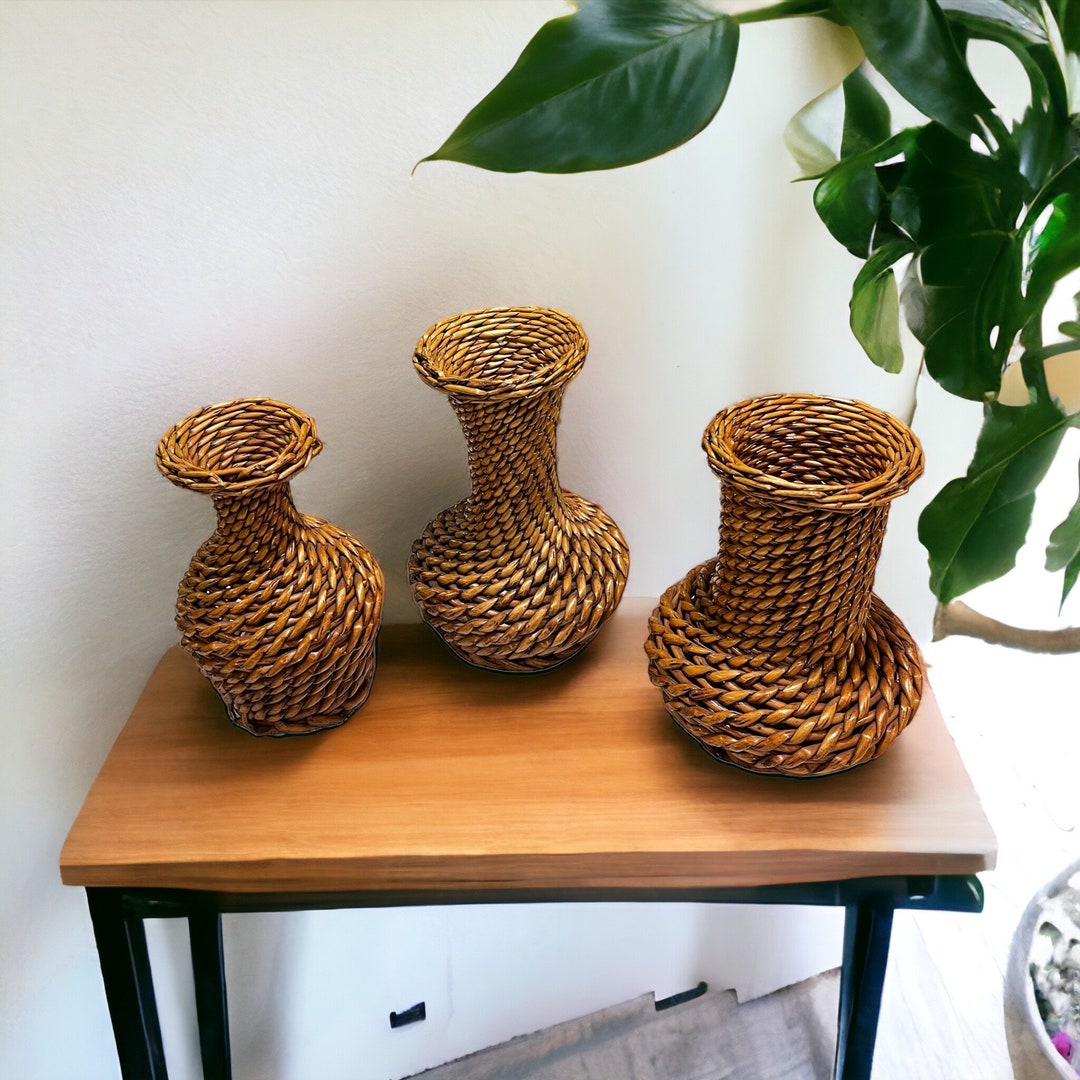 Vintage Wicker Flower Vase Weaved Rattan Gourd Vase Plant Etsy