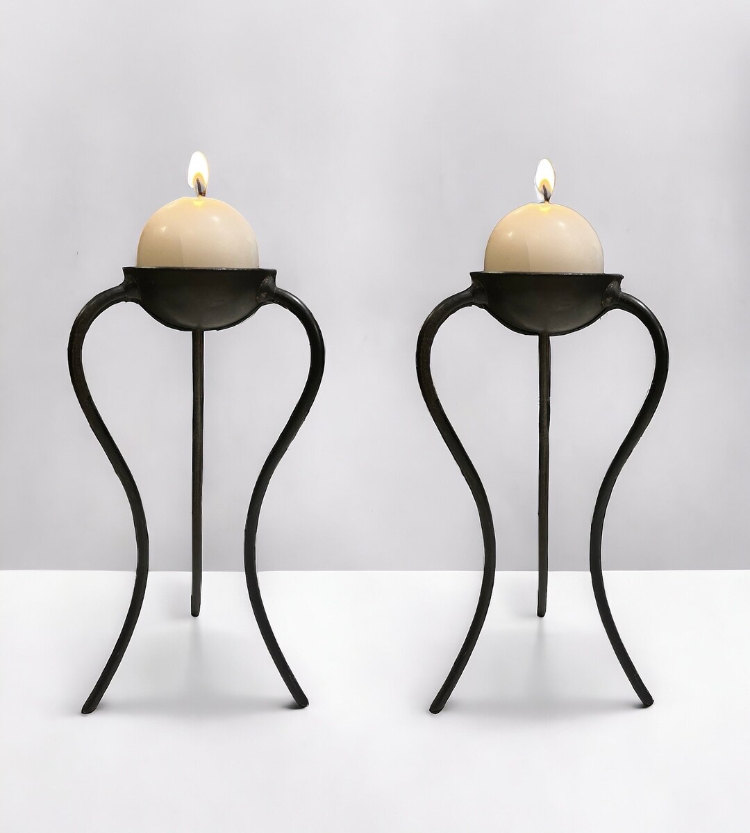 Vintage Pillar Candle Holder Pair, Hand Metal, Curvy Legs, Wabi