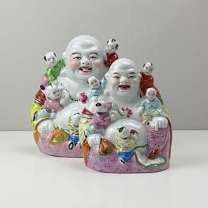 Vintage Chinese Laughing Buddha Statues, Porcelain, Yellow Robe with Children, Multi-Colored Floral Details, Famille Rose, Good Luck, Gift