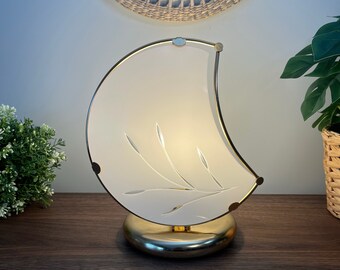 Vintage Crescent Moon Lamp, 1980s, Art Deco Revival, Milky Glass Shade, Gold Brass Tone Metal, Feminine Decor, Floral, Gift