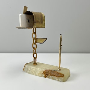 RARer Vintage Pen & Business Card Stand von John Demott 70s, 12K Gold Filled Cross Pen, Made in USA, Brutalist Torch Art Mailbox, Stein, Geschenk