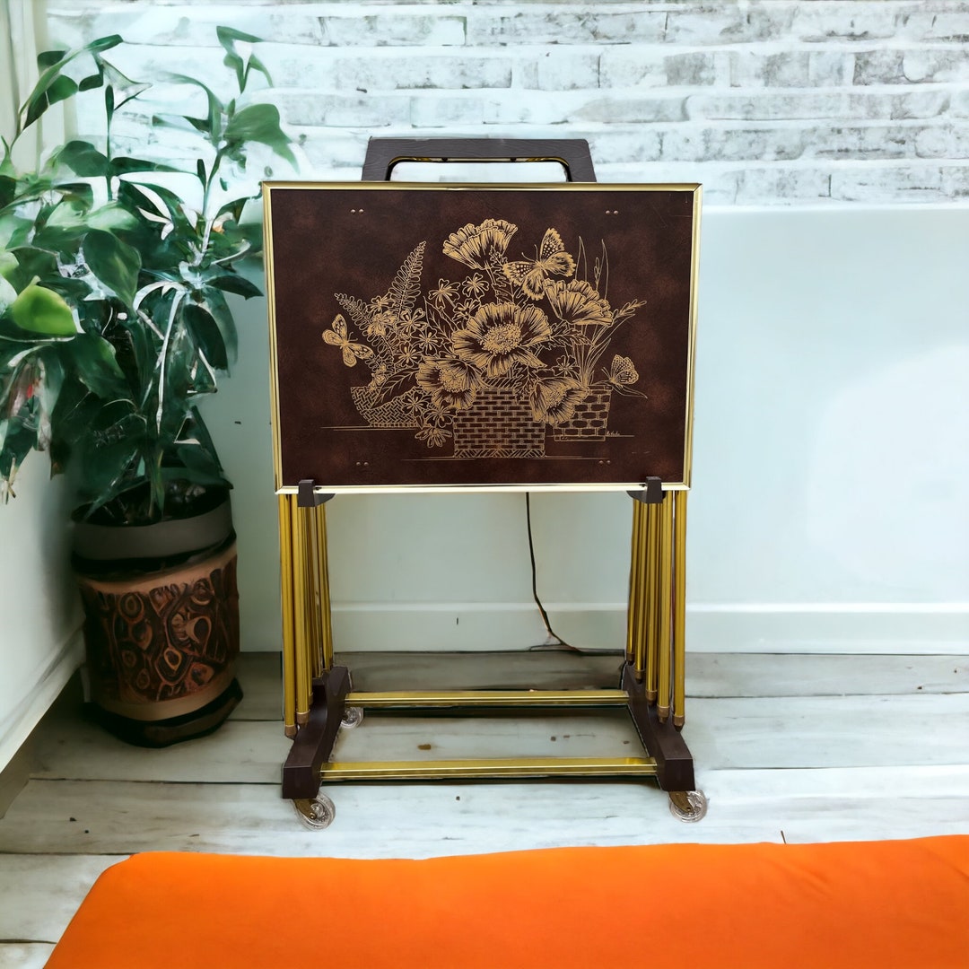 Vintage MCM Folding TV Trays With Stand 5 Piece Set Faux Etsy
