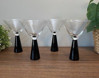 Vintage Art Deco Martini Glasses, Black Stemmed Cocktail Glassware, Barware, Postmodern, Beetlejuice, Hosting, Wedding Housewarming Gift