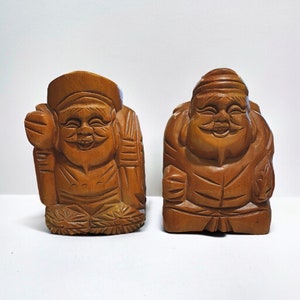 RARE Vintage Ebisu & Daikokuten Sculptures, Hand Carved Wood, Midcentury Japan, Japanese Mythology, Seven Lucky Gods, Shichifukujin, Gift