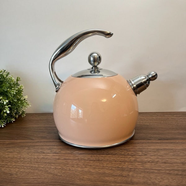 RARE Vintage Palm Restaurant Peach & Chrome Kettle, 1980s, Stove Top, Whistling, Diner Style, Retro 50s Kitchen, Housewarming Gift