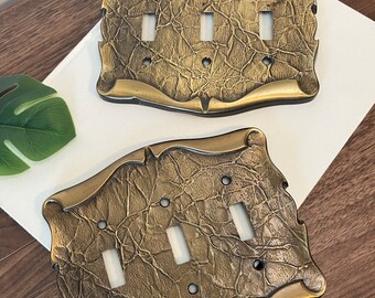 Vintage MCM Brass Switch Plate Covers, Amerock 1971, Leather Pattern, Midcentury Modern, Hollywood Regency Style, Boho Accents