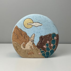 Vintage Southwestern Pastel Pottery Vase with Dog & Cactus, 1980s, Desertcore, Art Deco, New Mexico, Arizona, Cactus, Bohemian, Gift