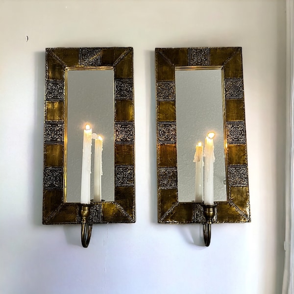 RARE Vintage IKEA Candle Sconces, Mirrored Sconces, Hammered Bronze, Flower Design, Boho Home Decor, Rustic Farmhouse, Gallery Wall, Gift