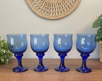 Vintage Libby Cobalt Blue Goblets, Water Wine Glasses, 90s, Celestial Barware, Boho Glassware, Retro Drinkware, Housewarming Wedding Gift