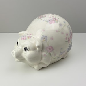RARE Vintage Floral Ceramic Piggy Bank, 1980s Large Hand-Painted Coin Bank, No. 6767 by “B”, Pastel Flowers, Nursery Decor, Baby Shower Gift