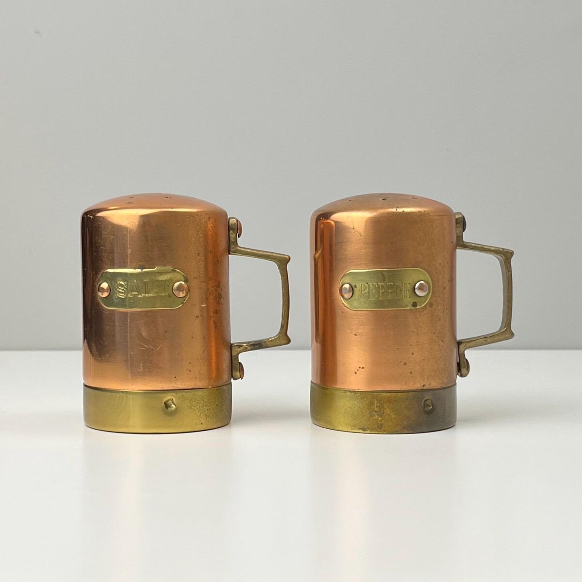 Vintage Copper Salt & Pepper Shakers With Handles, Brass Accents, Rustic Farmhouse Kitchen, French Country, MCM, Wedding Housewarming Gift - Etsy