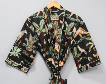 Kimono med djungeltryck, nattklänning, badrock, morgonrock för kvinnor, strandmorgonrock.