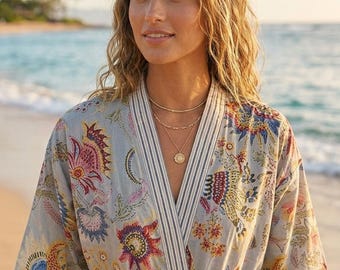Peignoir kimono en coton fleuri | Tunique de plage bohème, robe de chambre de demoiselle d'honneur, peignoir à carreaux, robe de chambre longue d'été, cadeau pour elle
