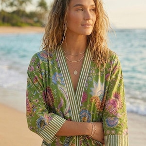 Bohemisk blommig kimono-morgonrock, rostorange strandklänning, lång bomullsduk, estetisk sommarmorgonrock, bohemiska resortkläder, present till henne