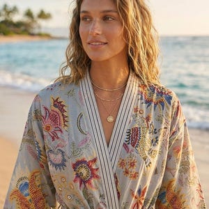 Kimono de algodón con estampado floral / Cubrebaño de playa estilo bohemio, bata de dama de honor, bata de baño con estampado de bloques, bata larga de verano, regalo para ella.