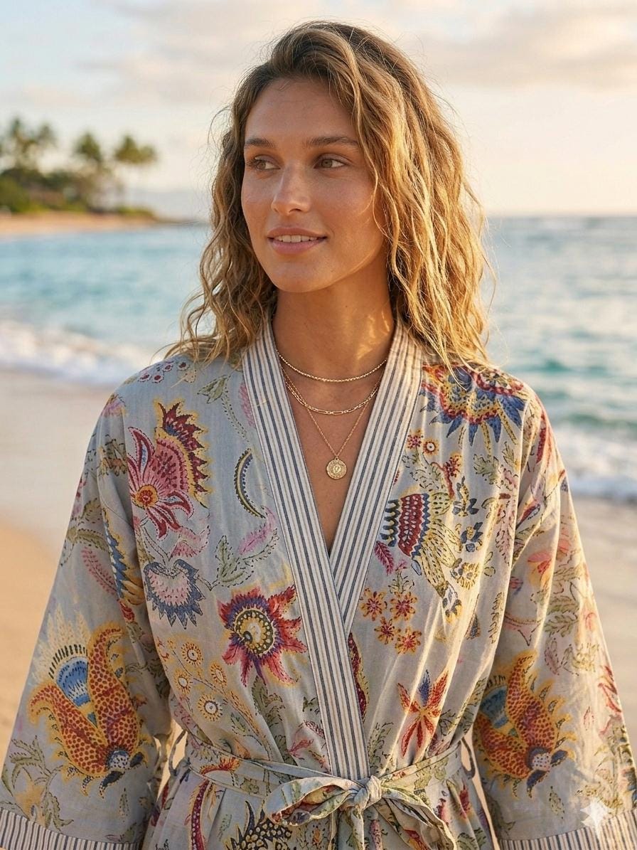 Floral Cotton Kimono Robe Boho Beach Cover Up, Bridesmaid Dressing Gown, Block Print Bathrobe, Long Summer Housecoat, Gift for Her