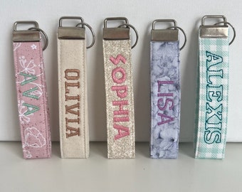Custom Embroidered Fabric Keychain Fob: Monogram Wristlet Name Tag. Personalized keychain.