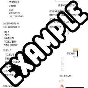 Könnte beinhalten: Ein schwarz-weißes Operationsberichtblatt mit dem Titel "Operating Room Report Sheet" und dem Text "Patient Label" oben. Das Blatt enthält Abschnitte für Patienteninformationen, präoperative und postoperative Diagnosen, Ein- und Auszeit aus dem Operationssaal, Verfahrensdetails und einen Abschnitt für Schläuche und Drainagen. Das Blatt enthält auch einen Abschnitt für Proben und eine Checkliste für präoperative Fragen.
