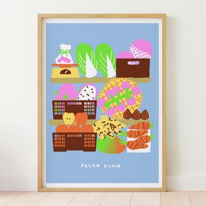 May include: A colorful illustration of a fruit stand with the text "PASAR BUAH" in the bottom right corner. The stand is filled with various fruits, vegetables, and other items, including a basket of apples, a basket of carrots, a basket of pineapples, and a basket of green leafy vegetables.