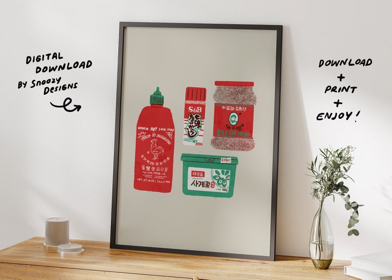 Asian Hot Sauce Art Print: Risograph Style Kitchen Poster (digital ...
