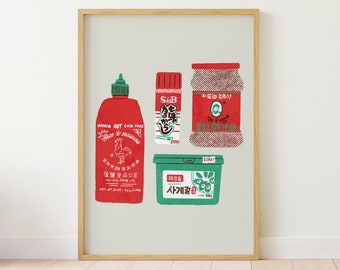 Asian Hot Sauce Print | Digital Downloads | Risograph Style | Poster Illustration Wall Art | Unique Gift