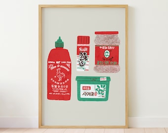 Asian Hot Sauce Art Print: Risograph Style Kitchen Poster (Digital Download)