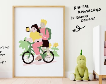 Friends riding a bike illustrations | Digital Download | Risograph style | Art Print | Wall Art | Nursery Art |