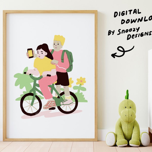 Friends riding a bike illustrations | Digital Download | Risograph style | Art Print | Wall Art | Nursery Art |