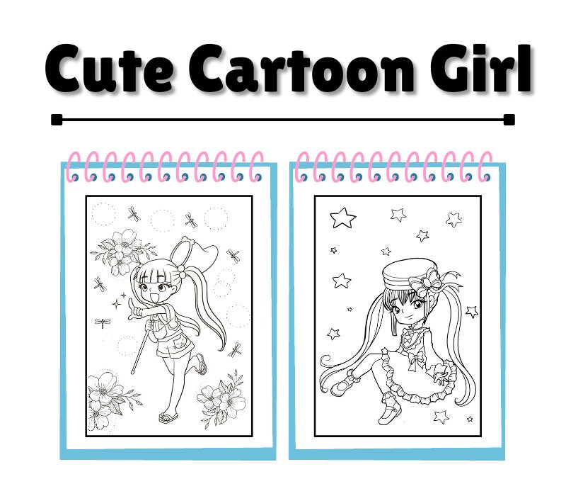 30 Cute Cartoon Girl Coloring Pages Book for Kids and Adults - Etsy