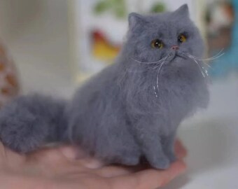 Nadel gefilzte blaue Katzenskulptur, handgemachte Katzenverzierung, Weihnachten, Erntedank, Vatertagsgeschenk
