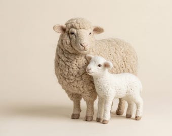 Needle Felted Sheep Lamb Figurine, Handmade Wool Mother Baby, Farmhouse Nursery Decora