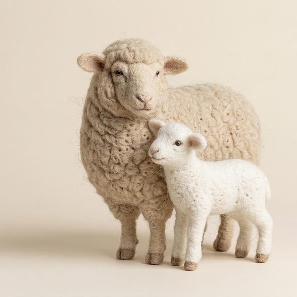 Ovelha e Cordeiro em Feltro Agulhado, Mãe e Filhote em Lã Feitos à Mão, Decoração para Quarto de Bebê em Estilo Fazenda