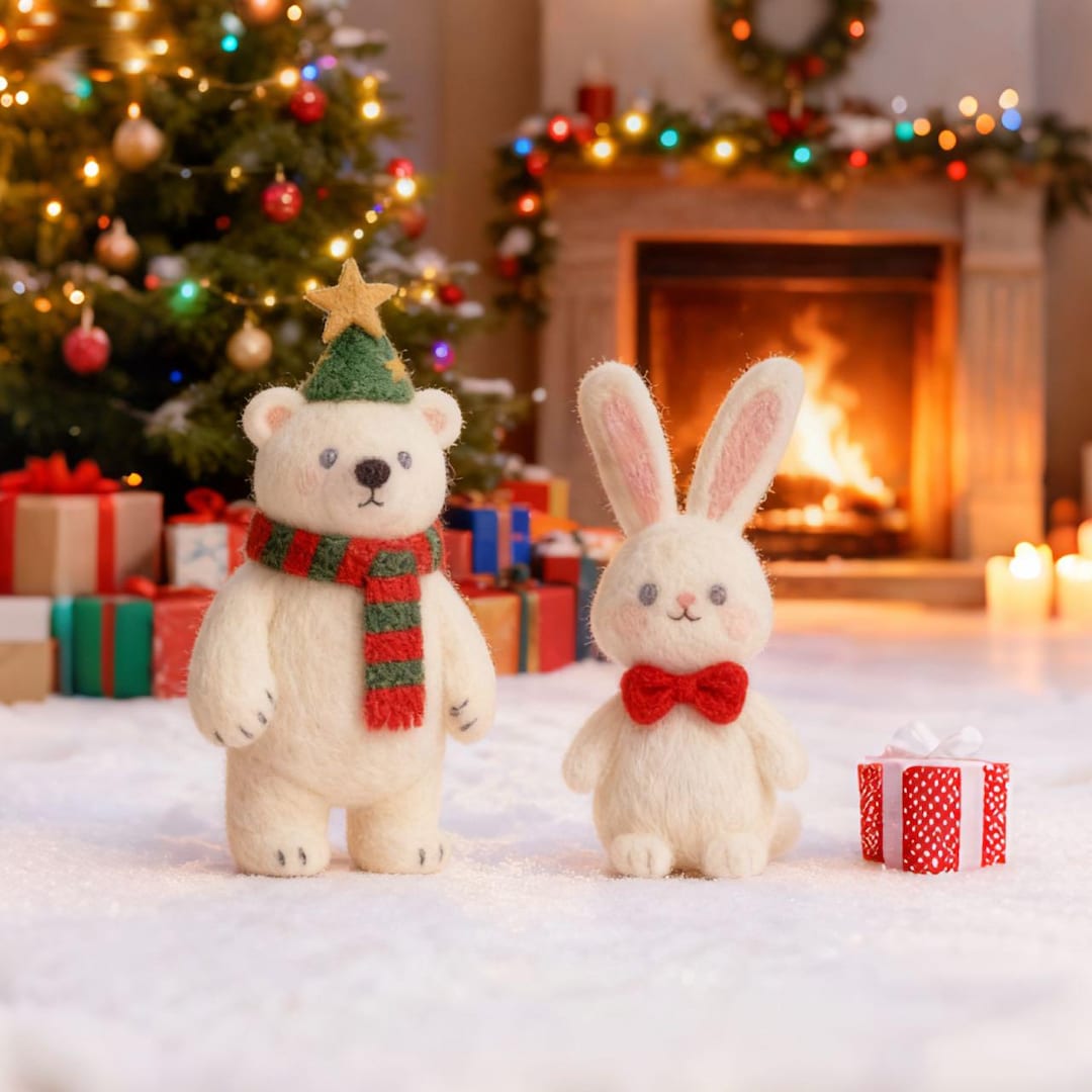Needle Felted Polar Bear & Bunny, Wool Christmas Xmas Thanksgiving