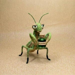 Needle Felted Praying Mantis with Chlorophyll Bottle, Handmade Wool Forest Decor, Cottagecore Shelf Sitter, Bug Collector Gift